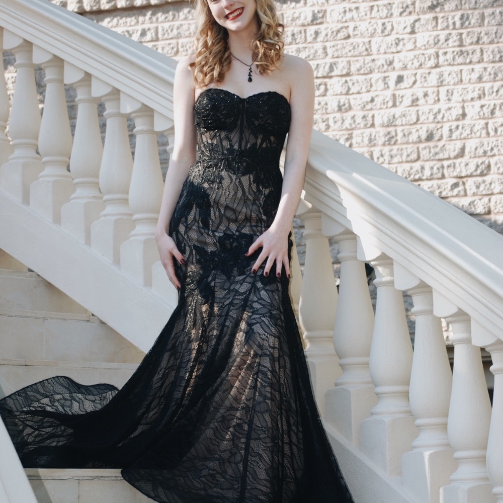 Blondie Nites by stacy sklar black lace strapless black prom dress